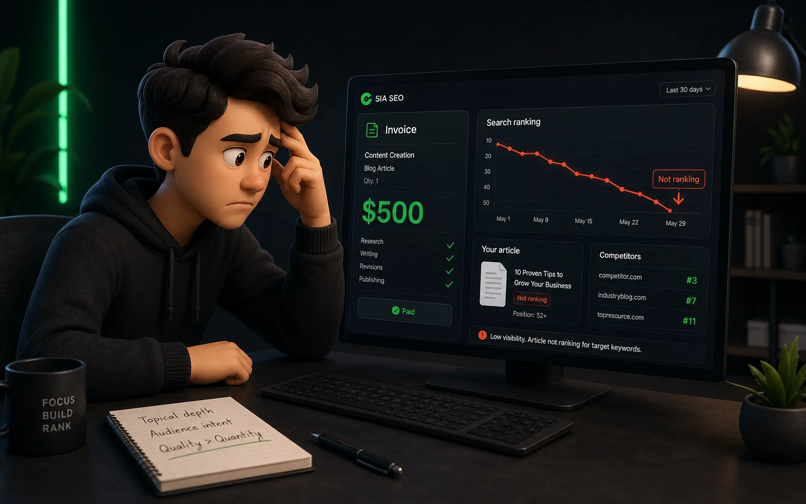 Animated founder reviewing a $500 content invoice beside a search ranking dashboard showing the article is not ranking