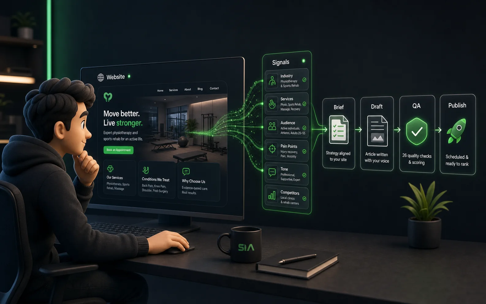 Animated content operator watching SIA turn website signals into brief, draft, QA, and publish steps