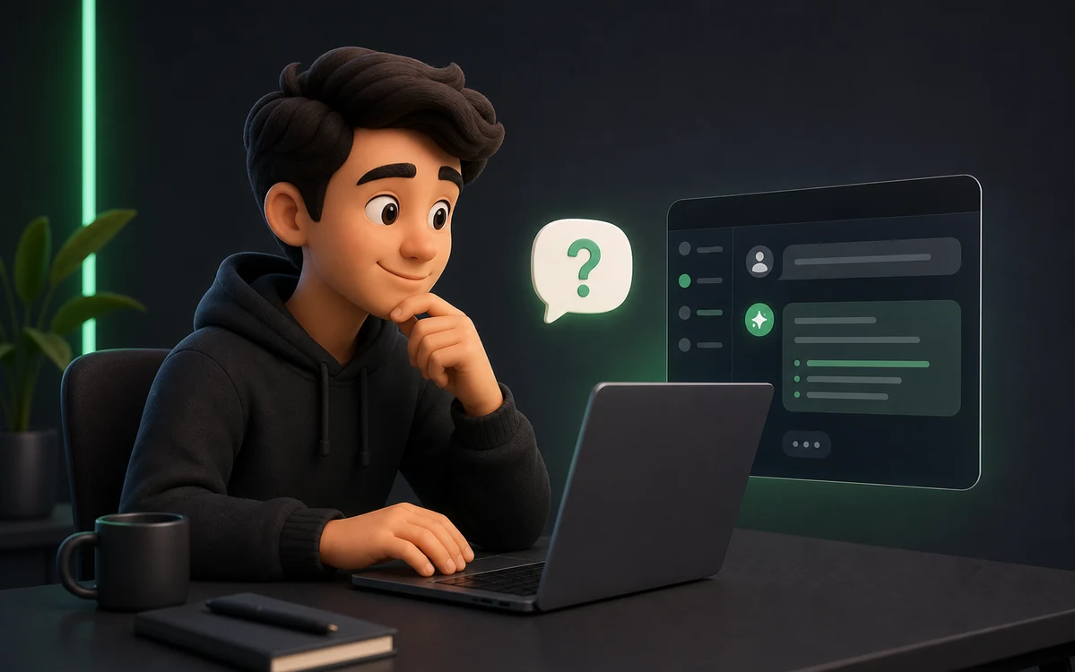 Animated operator asking SIA SEO questions through an AI assistant chat interface